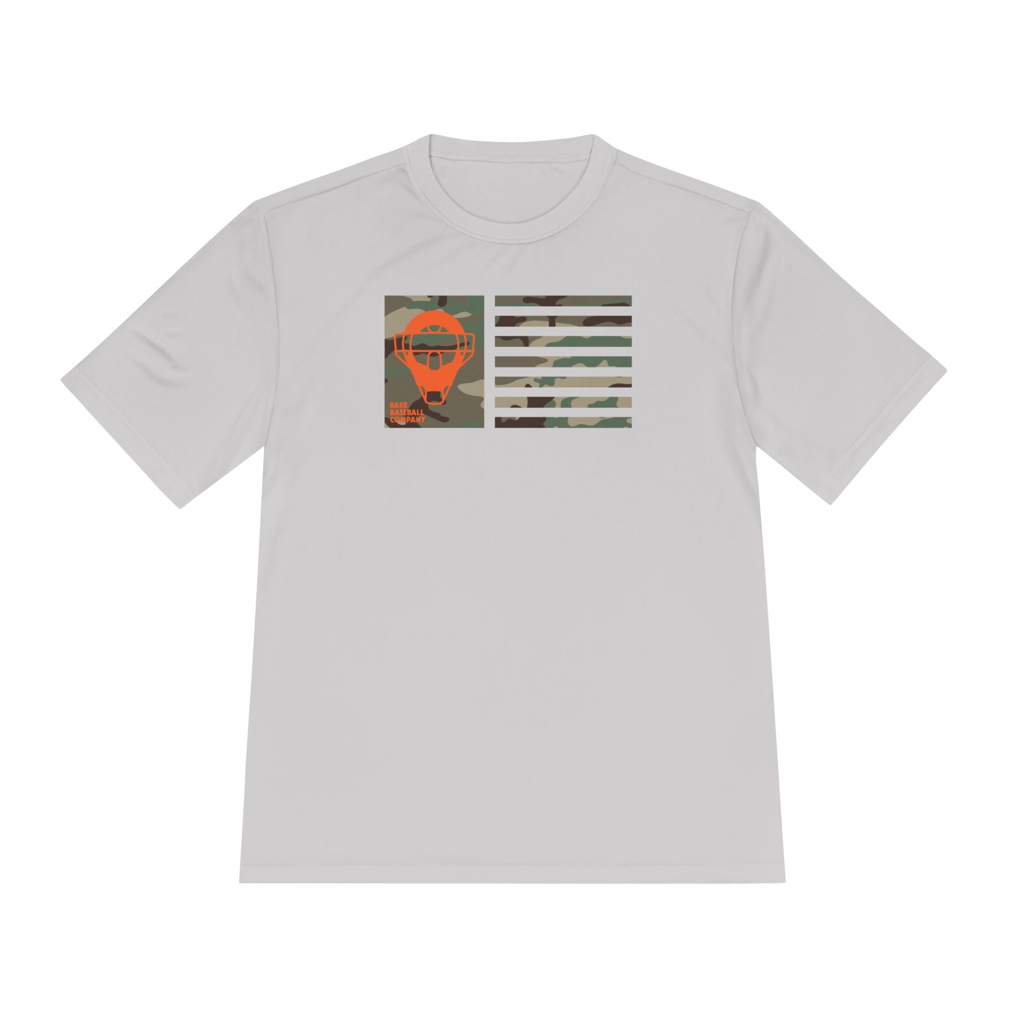 Orange Camo Catcher's Mask Flag Dry Fit Tee - Rake Baseball Company - RAKE BASEBALL | BASEBALL T-SHIRT | BASEBALL CLOTHING | GOOD VIBES ONLY