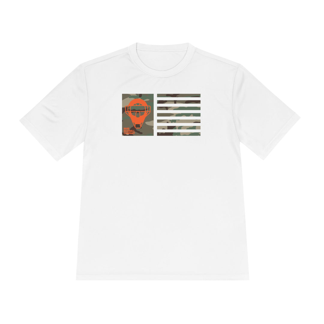 Orange Camo Catcher's Mask Flag Dry Fit Tee - Rake Baseball Company - RAKE BASEBALL | BASEBALL T-SHIRT | BASEBALL CLOTHING | GOOD VIBES ONLY