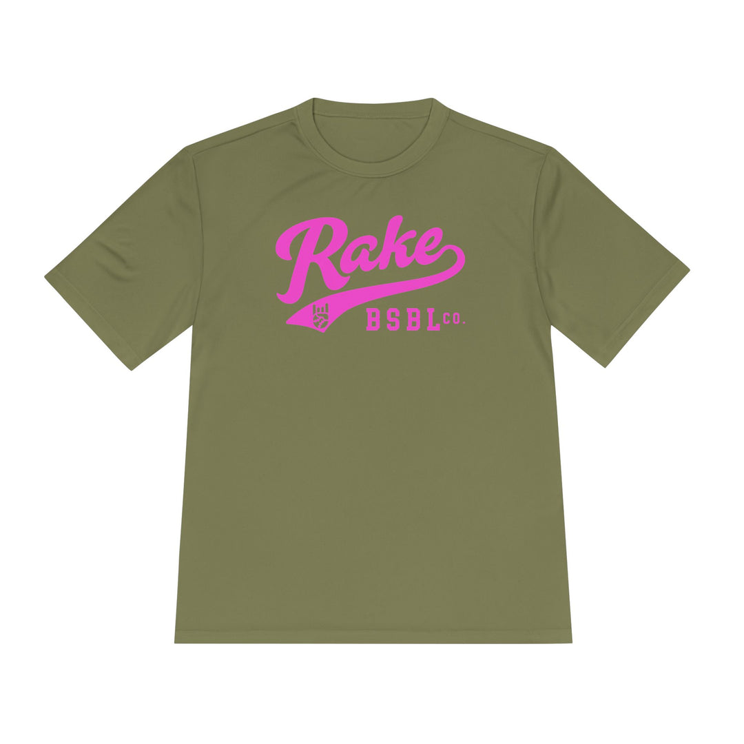 Rake Pink Script Dry Fit Tee - Rake Baseball Company - RAKE BASEBALL | BASEBALL T-SHIRT | BASEBALL CLOTHING | GOOD VIBES ONLY