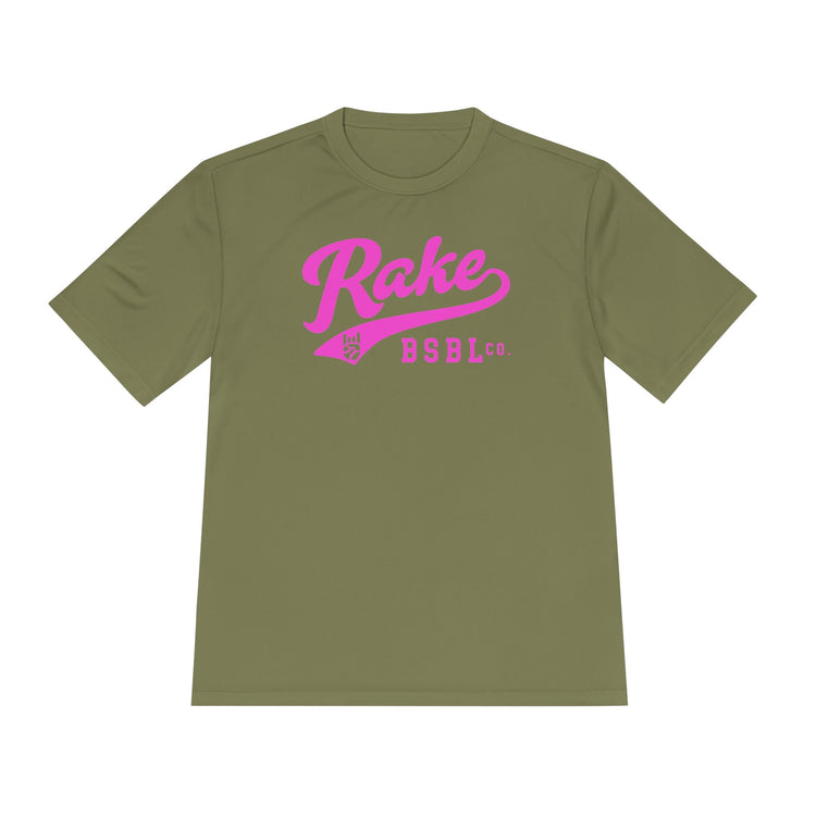 Rake Pink Script Dry Fit Tee - Rake Baseball Company - RAKE BASEBALL | BASEBALL T-SHIRT | BASEBALL CLOTHING | GOOD VIBES ONLY