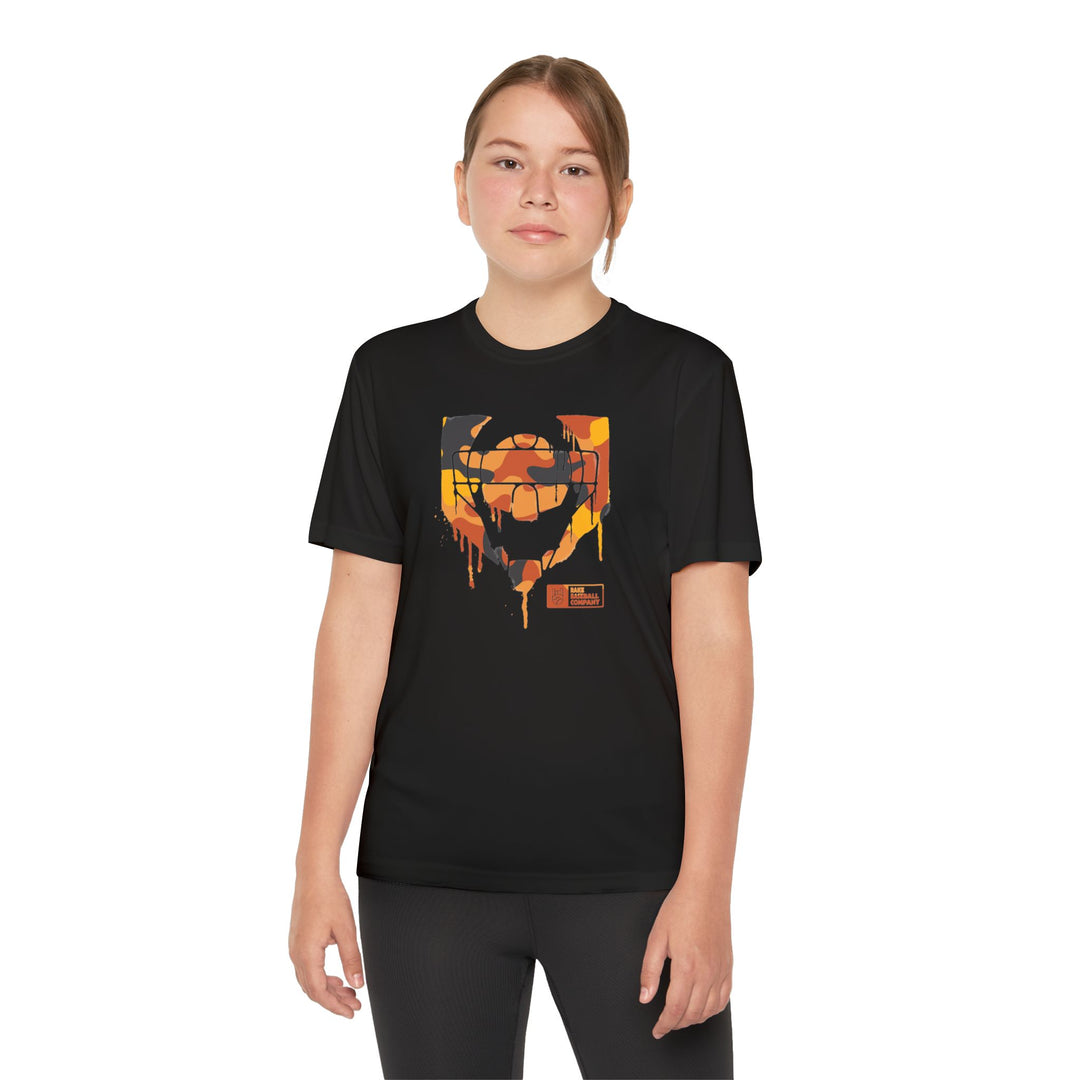 Kids Catcher's Drip Orange Camo Dry Fit Tee - Rake Baseball Company - RAKE BASEBALL | BASEBALL T-SHIRT | BASEBALL CLOTHING | GOOD VIBES ONLY