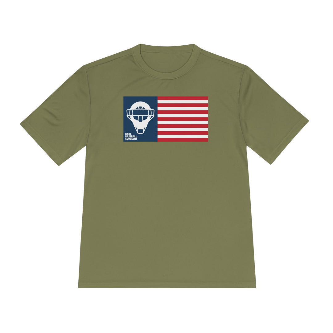 Catcher's Mask Flag Dry Fit Tee - Rake Baseball Company - RAKE BASEBALL | BASEBALL T-SHIRT | BASEBALL CLOTHING | GOOD VIBES ONLY