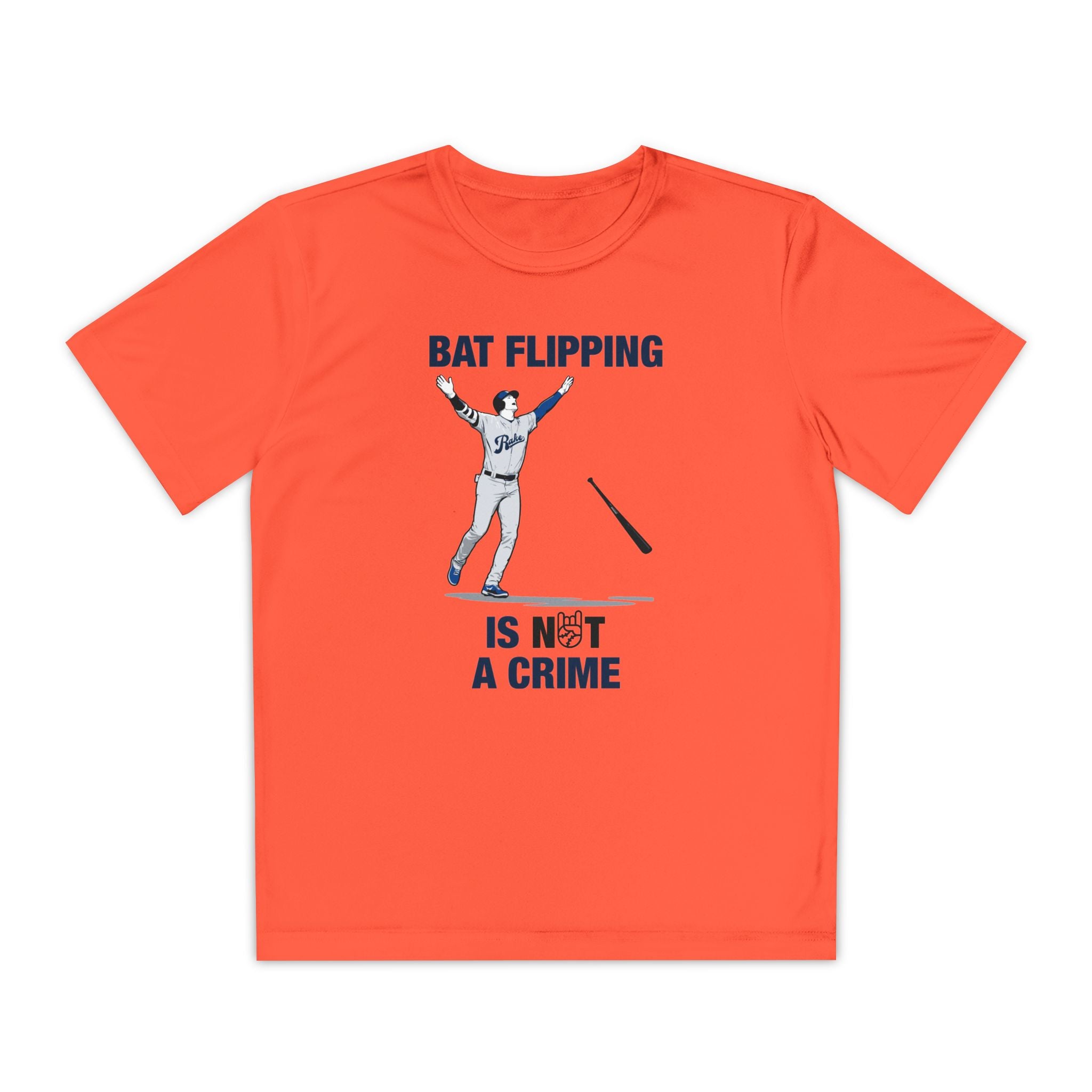 Kids Bat Flipping Is Not A Crime Dry Fit Tee - Rake Baseball Company - RAKE BASEBALL | BASEBALL T-SHIRT | BASEBALL CLOTHING | GOOD VIBES ONLY