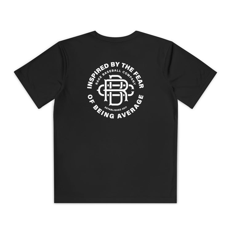 Kids Fear of Being Average Dry Fit Tee - Rake Baseball Company - RAKE BASEBALL | BASEBALL T-SHIRT | BASEBALL CLOTHING | GOOD VIBES ONLY