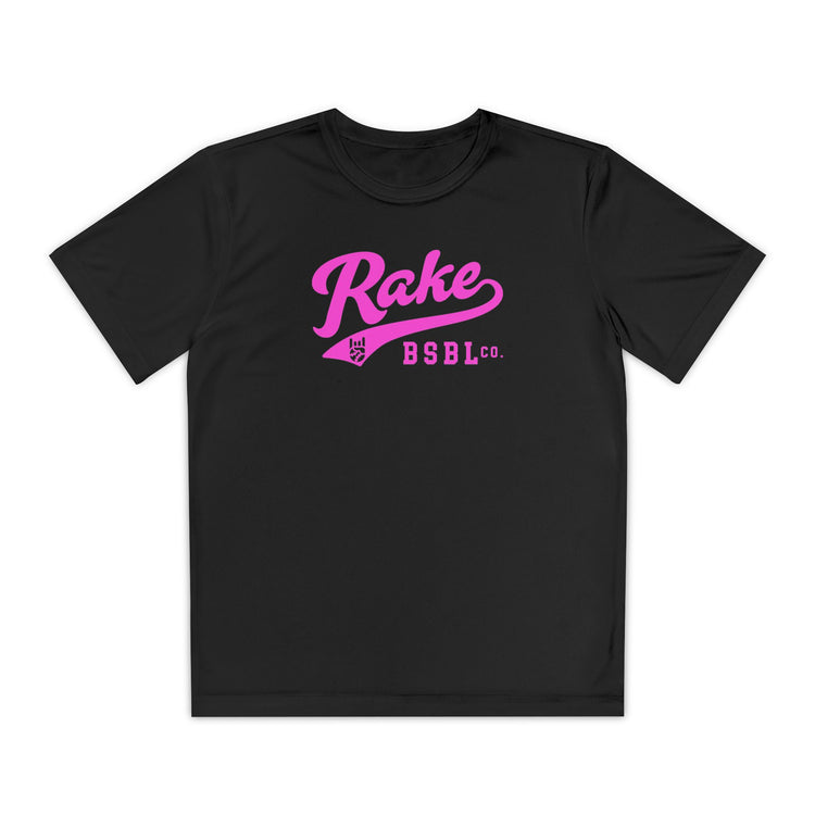 Kids Rake Pink Script Dry Fit Tee - Rake Baseball Company - RAKE BASEBALL | BASEBALL T-SHIRT | BASEBALL CLOTHING | GOOD VIBES ONLY