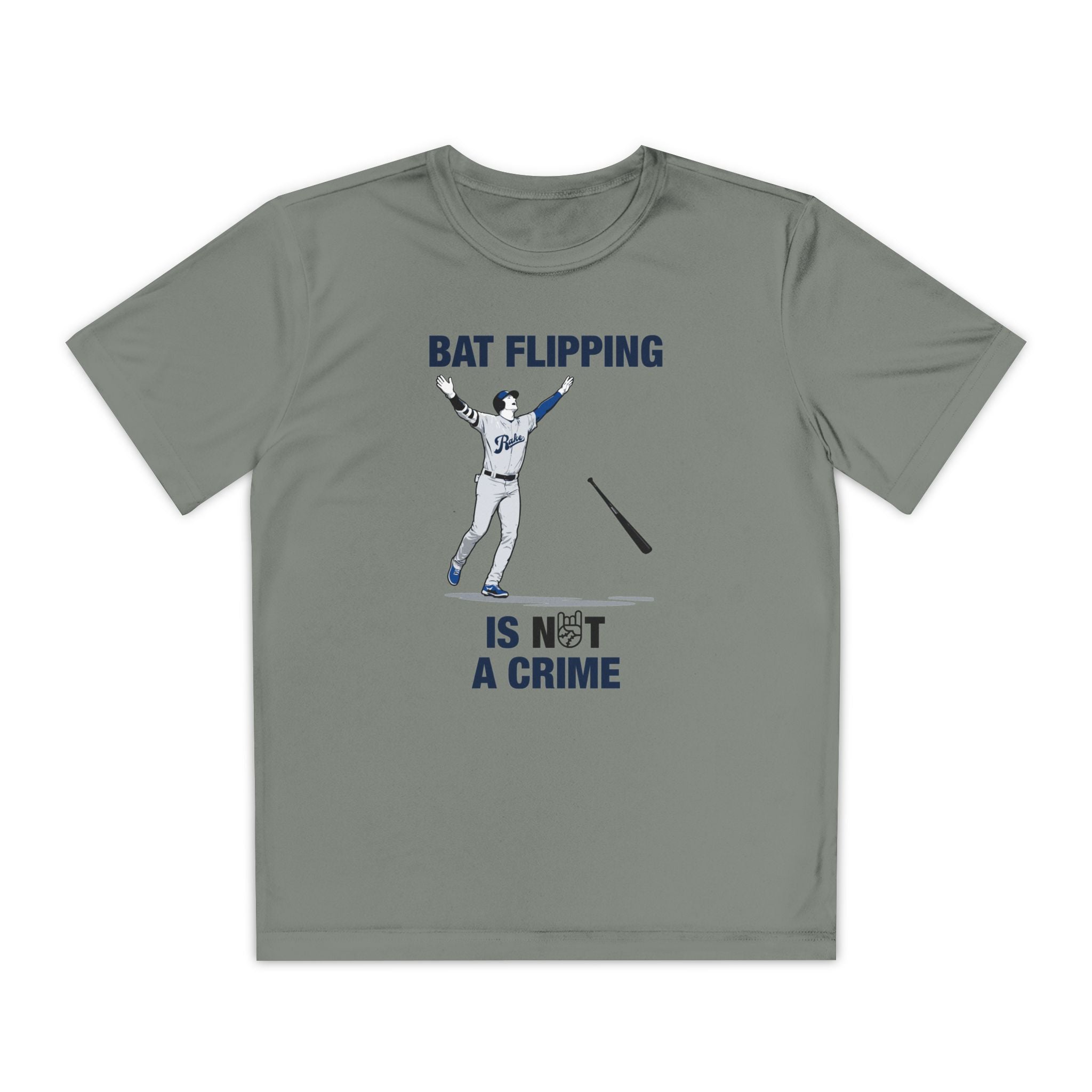 Kids Bat Flipping Is Not A Crime Dry Fit Tee - Rake Baseball Company - RAKE BASEBALL | BASEBALL T-SHIRT | BASEBALL CLOTHING | GOOD VIBES ONLY
