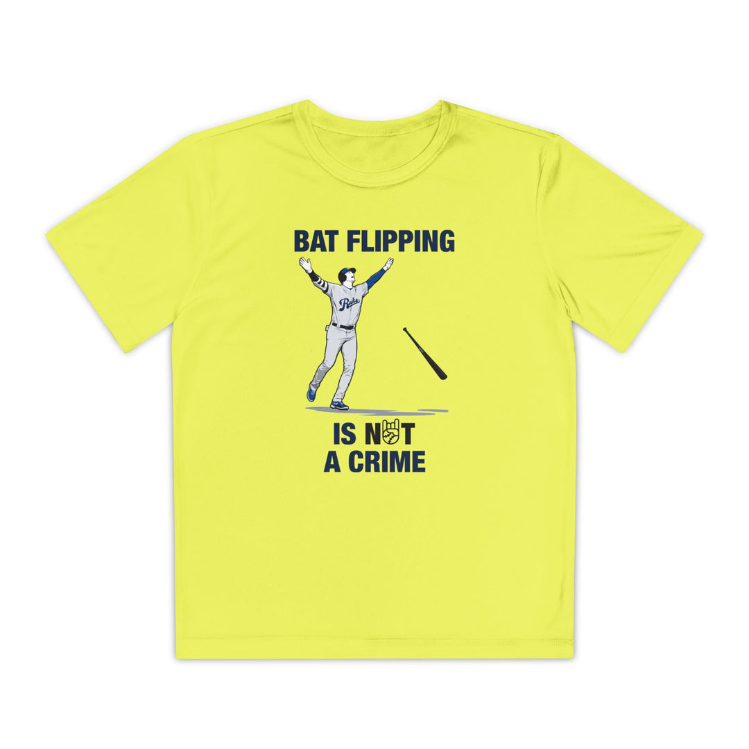 Kids Bat Flipping Is Not A Crime Dry Fit Tee - Rake Baseball Company - RAKE BASEBALL | BASEBALL T-SHIRT | BASEBALL CLOTHING | GOOD VIBES ONLY