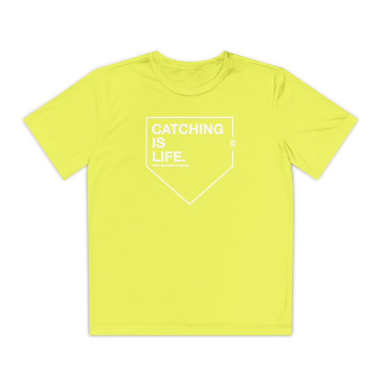 Kids Catching Is Life Dry Fit Tee - Rake Baseball Company - RAKE BASEBALL | BASEBALL T-SHIRT | BASEBALL CLOTHING | GOOD VIBES ONLY