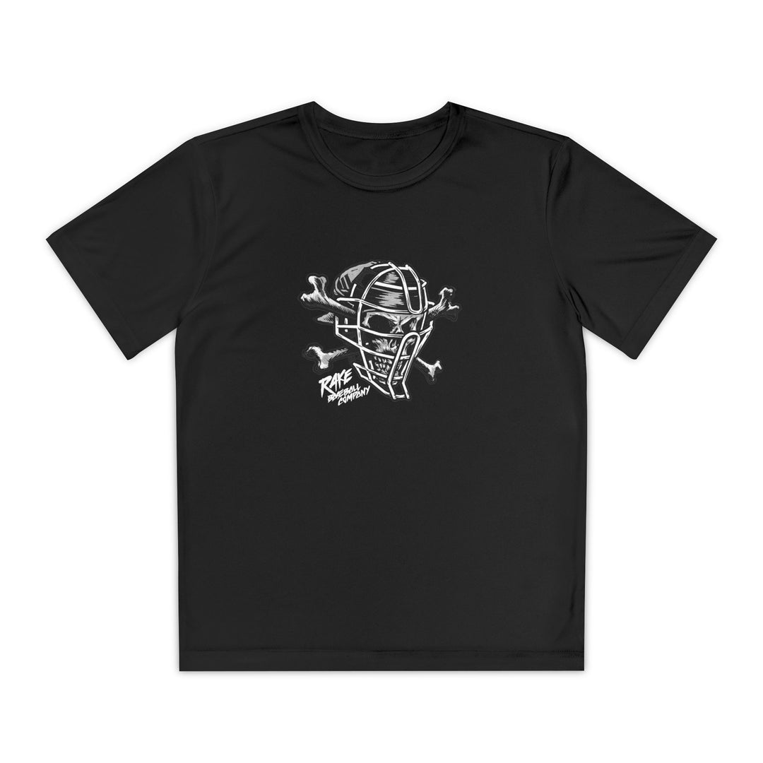 Kids Catcher's Skull Dry Fit Tee - Rake Baseball Company - RAKE BASEBALL | BASEBALL T-SHIRT | BASEBALL CLOTHING | GOOD VIBES ONLY