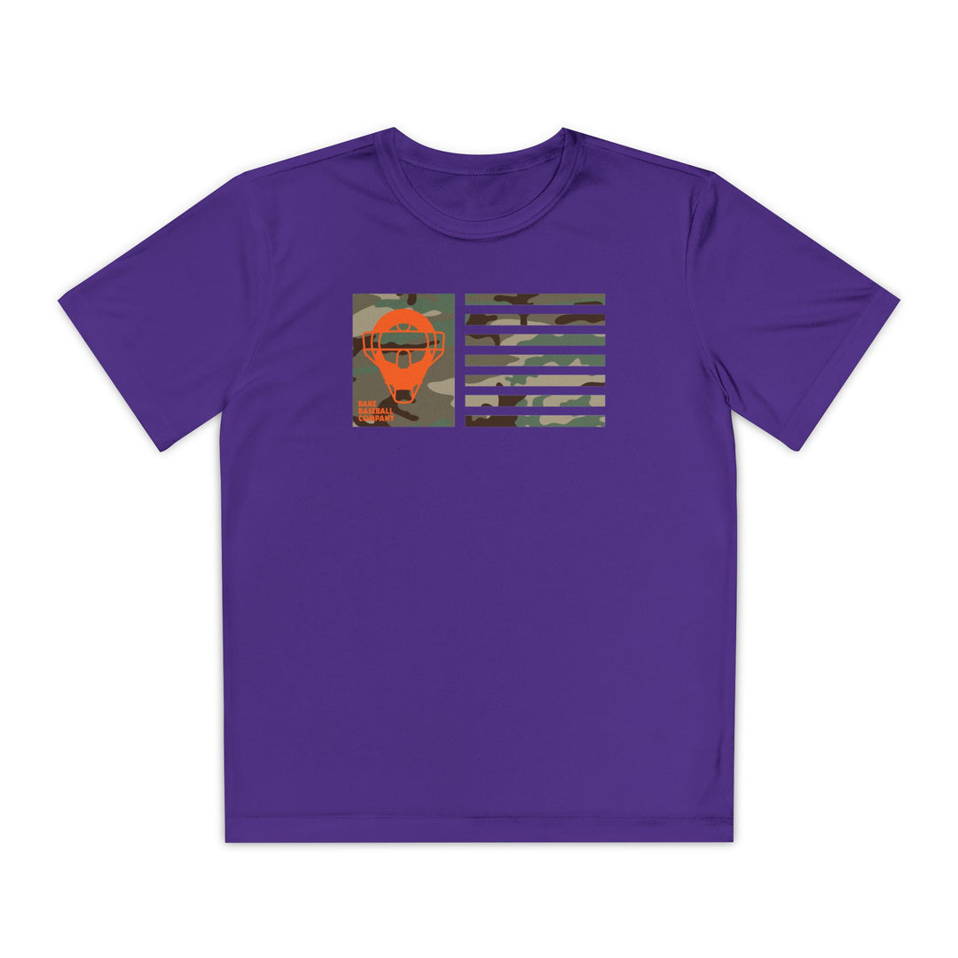 Kids Catcher's Orange Camo Mask Flag Dry Fit Tee - Rake Baseball Company - RAKE BASEBALL | BASEBALL T-SHIRT | BASEBALL CLOTHING | GOOD VIBES ONLY