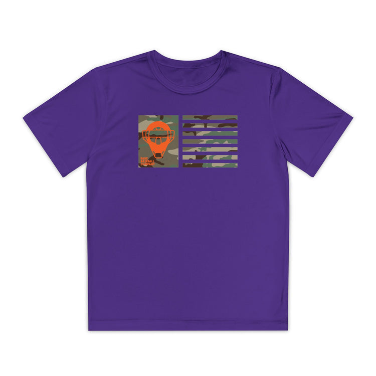 Kids Catcher's Orange Camo Mask Flag Dry Fit Tee - Rake Baseball Company - RAKE BASEBALL | BASEBALL T-SHIRT | BASEBALL CLOTHING | GOOD VIBES ONLY