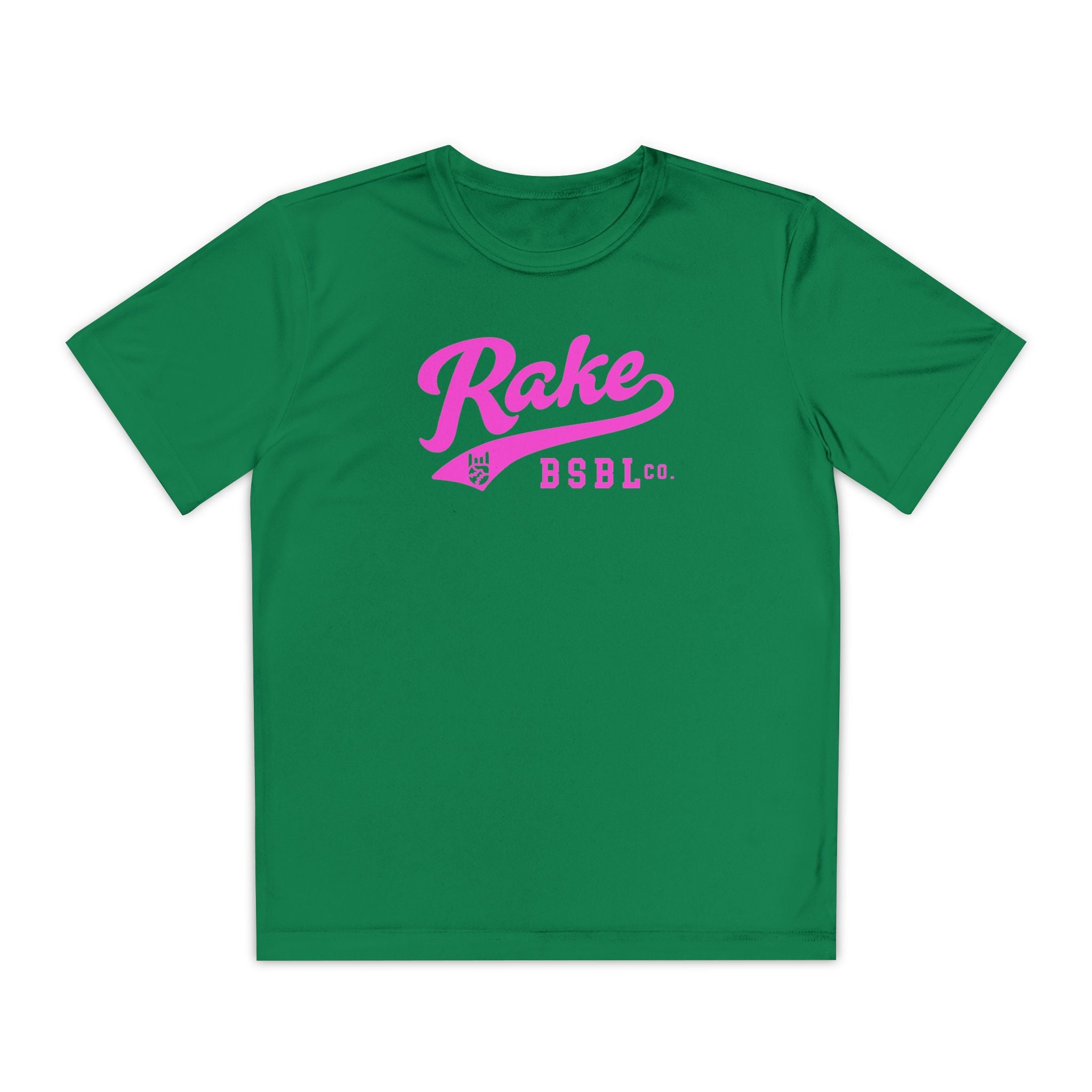 Kids Rake Pink Script Dry Fit Tee - Rake Baseball Company - RAKE BASEBALL | BASEBALL T-SHIRT | BASEBALL CLOTHING | GOOD VIBES ONLY