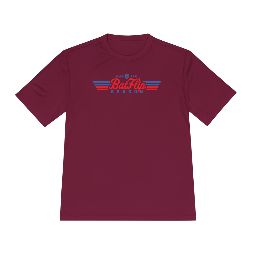 Bat Flip Season Dry Fit Tee - Rake Baseball Company - RAKE BASEBALL | BASEBALL T-SHIRT | BASEBALL CLOTHING | GOOD VIBES ONLY