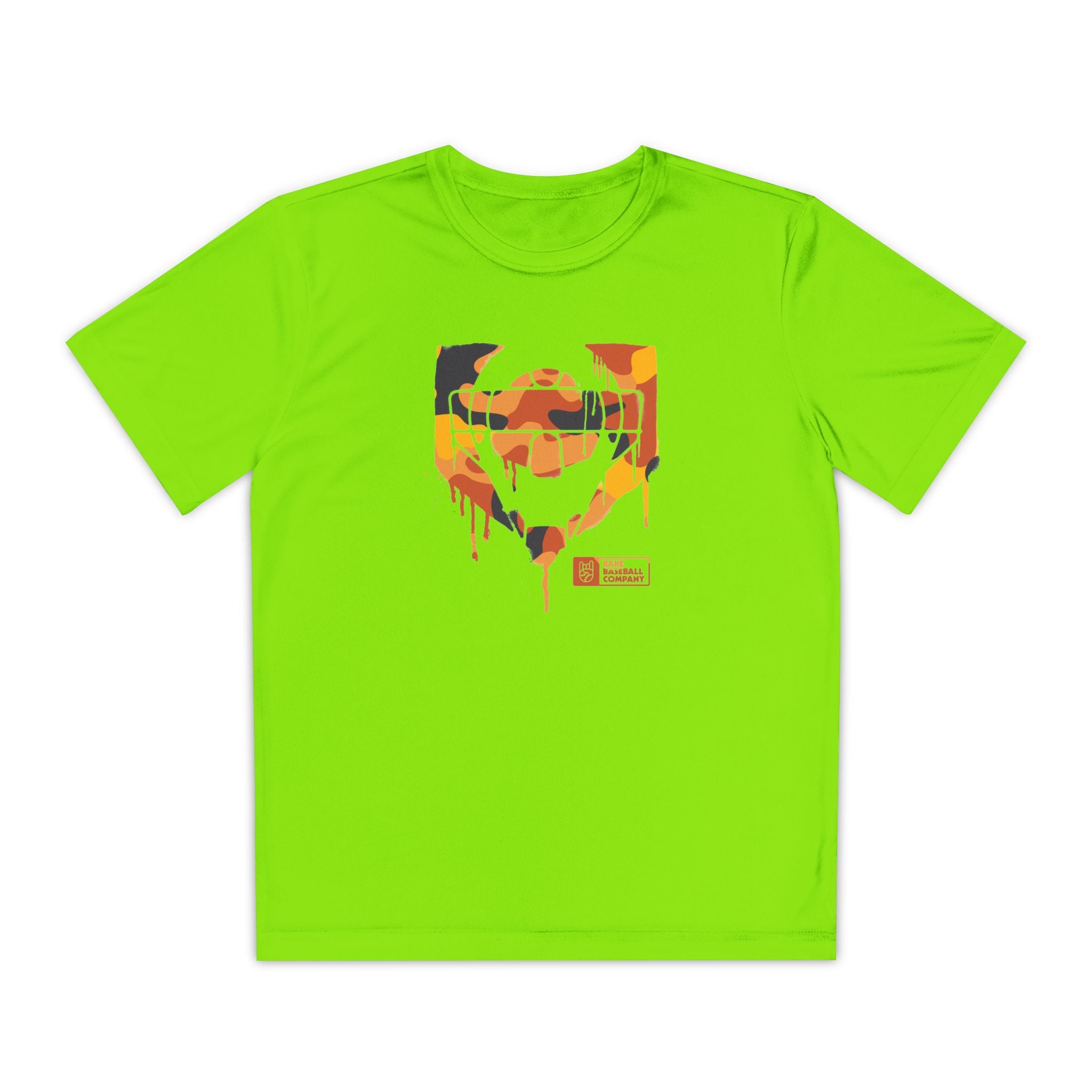 Kids Catcher's Drip Orange Camo Dry Fit Tee - Rake Baseball Company - RAKE BASEBALL | BASEBALL T-SHIRT | BASEBALL CLOTHING | GOOD VIBES ONLY