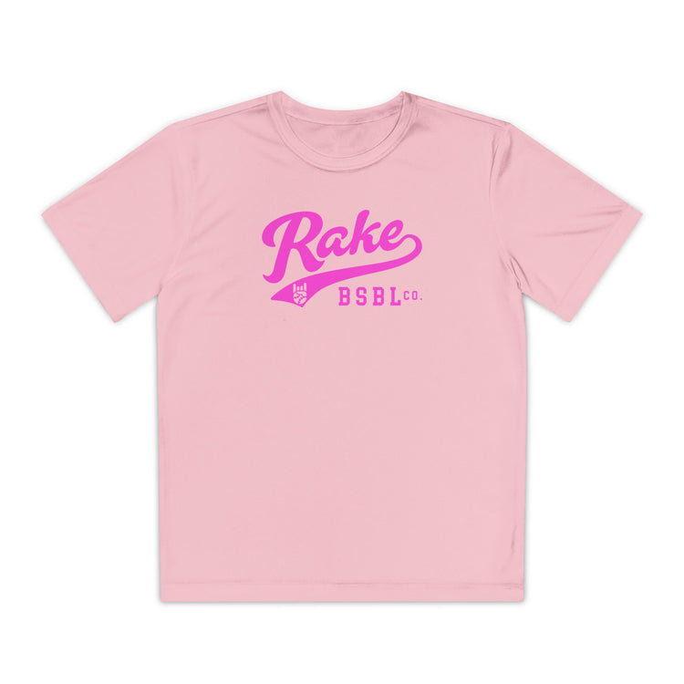 Kids Rake Pink Script Dry Fit Tee - Rake Baseball Company - RAKE BASEBALL | BASEBALL T-SHIRT | BASEBALL CLOTHING | GOOD VIBES ONLY