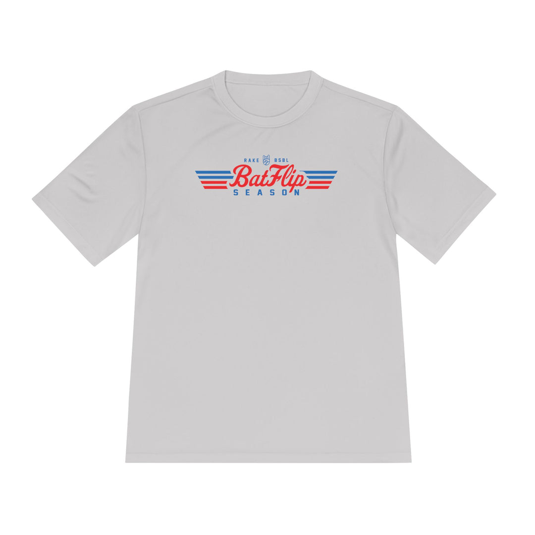 Bat Flip Season Dry Fit Tee - Rake Baseball Company - RAKE BASEBALL | BASEBALL T-SHIRT | BASEBALL CLOTHING | GOOD VIBES ONLY