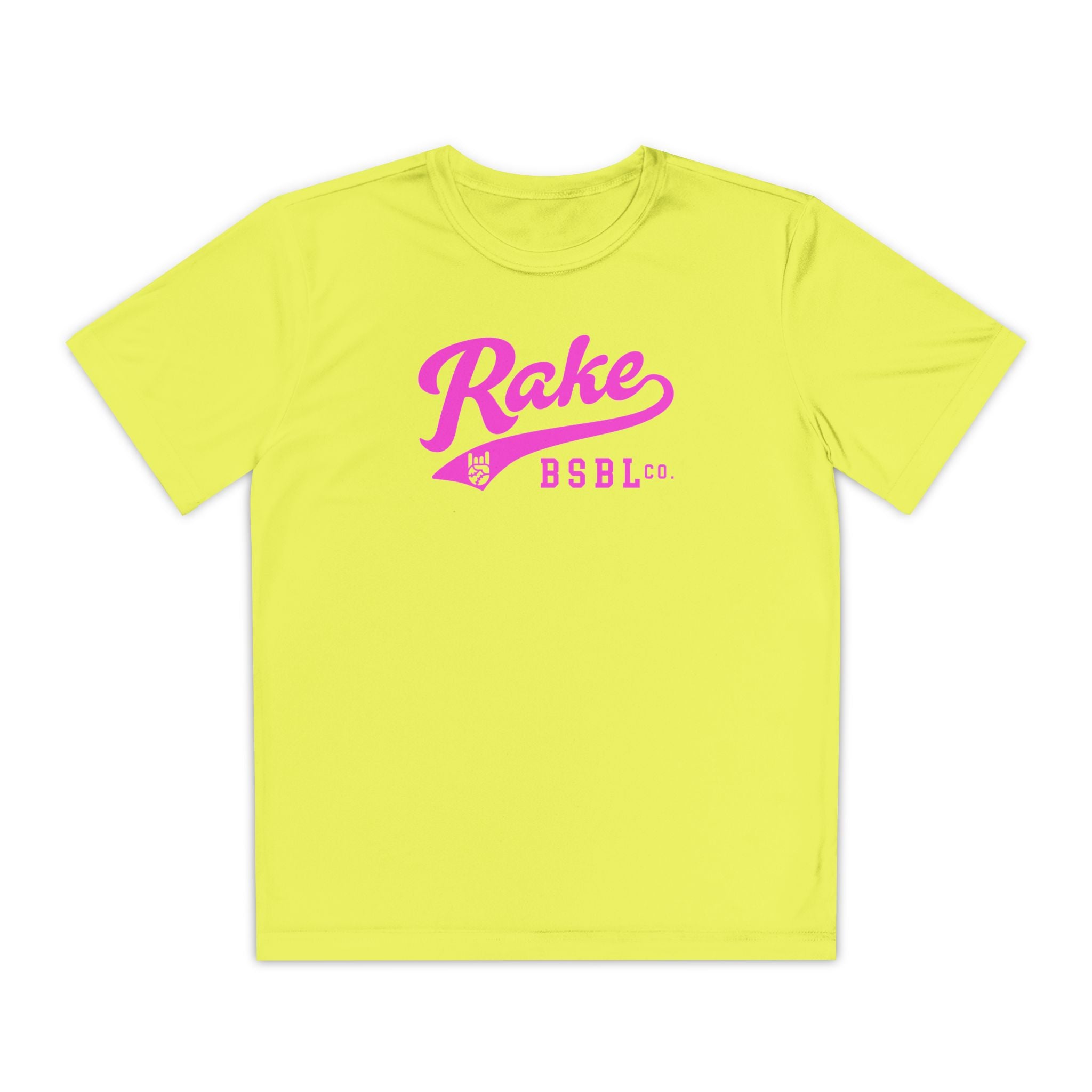 Kids Rake Pink Script Dry Fit Tee - Rake Baseball Company - RAKE BASEBALL | BASEBALL T-SHIRT | BASEBALL CLOTHING | GOOD VIBES ONLY