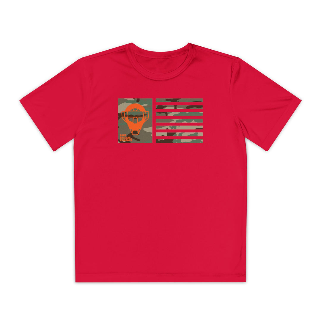 Kids Catcher's Orange Camo Mask Flag Dry Fit Tee - Rake Baseball Company - RAKE BASEBALL | BASEBALL T-SHIRT | BASEBALL CLOTHING | GOOD VIBES ONLY