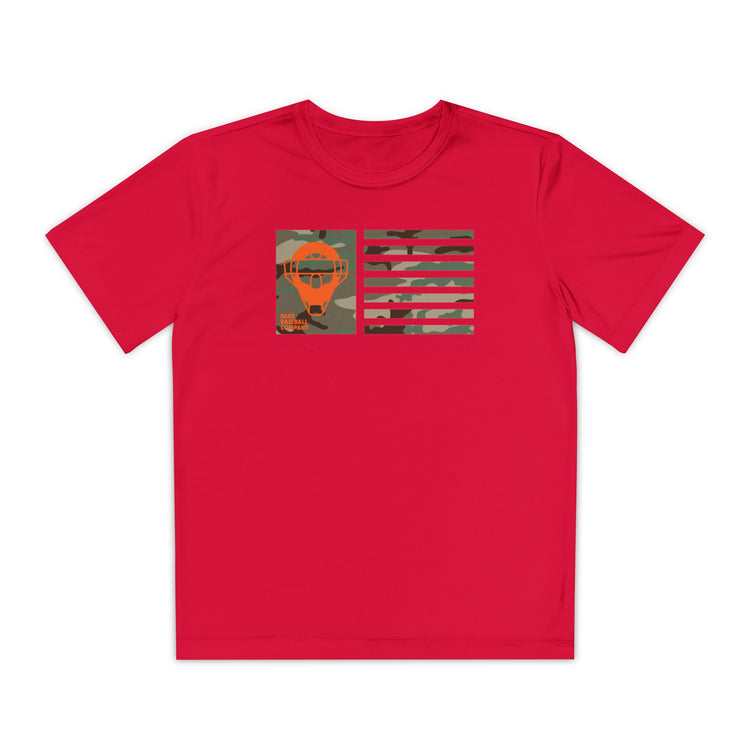 Kids Catcher's Orange Camo Mask Flag Dry Fit Tee - Rake Baseball Company - RAKE BASEBALL | BASEBALL T-SHIRT | BASEBALL CLOTHING | GOOD VIBES ONLY