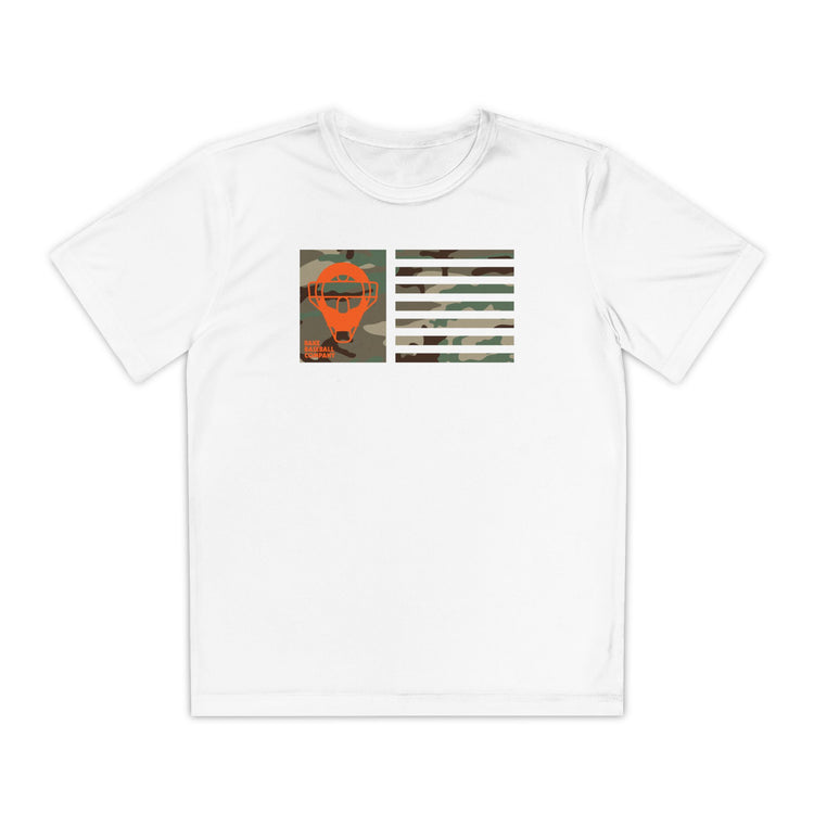 Kids Catcher's Orange Camo Mask Flag Dry Fit Tee - Rake Baseball Company - RAKE BASEBALL | BASEBALL T-SHIRT | BASEBALL CLOTHING | GOOD VIBES ONLY