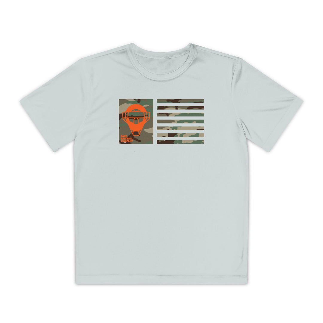 Kids Catcher's Orange Camo Mask Flag Dry Fit Tee - Rake Baseball Company - RAKE BASEBALL | BASEBALL T-SHIRT | BASEBALL CLOTHING | GOOD VIBES ONLY