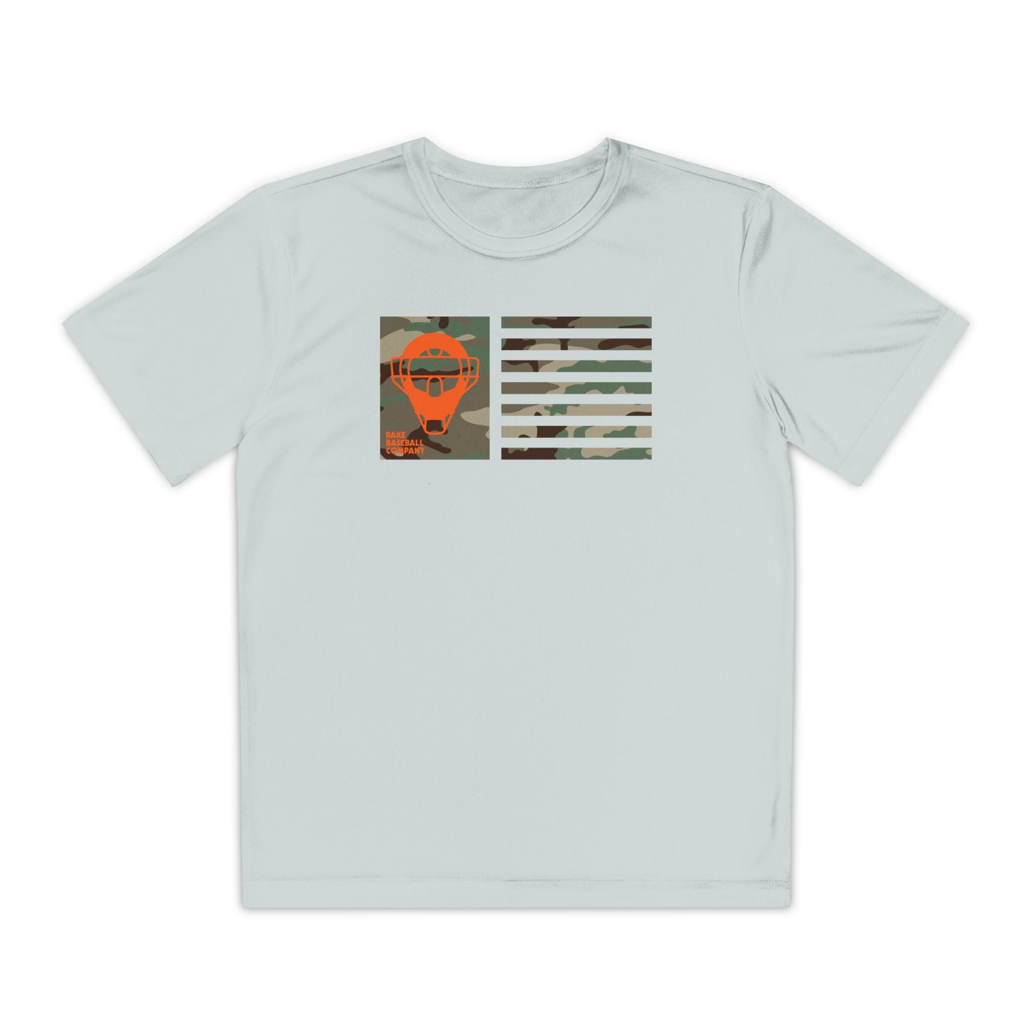 Kids Catcher's Orange Camo Mask Flag Dry Fit Tee - Rake Baseball Company - RAKE BASEBALL | BASEBALL T-SHIRT | BASEBALL CLOTHING | GOOD VIBES ONLY