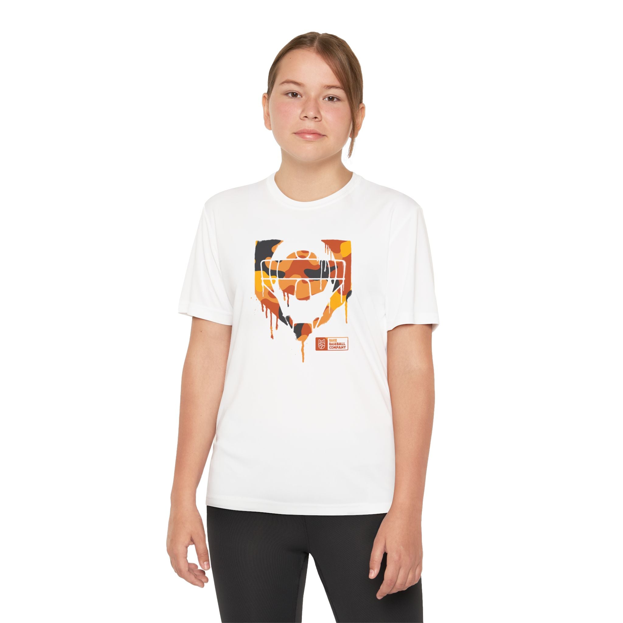 Kids Catcher's Drip Orange Camo Dry Fit Tee - Rake Baseball Company - RAKE BASEBALL | BASEBALL T-SHIRT | BASEBALL CLOTHING | GOOD VIBES ONLY
