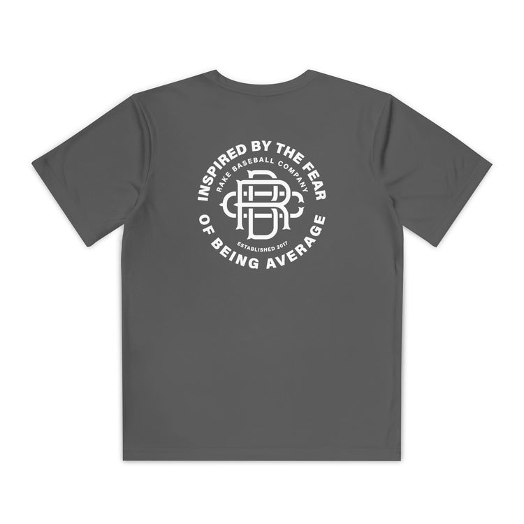 Kids Fear of Being Average Dry Fit Tee - Rake Baseball Company - RAKE BASEBALL | BASEBALL T-SHIRT | BASEBALL CLOTHING | GOOD VIBES ONLY