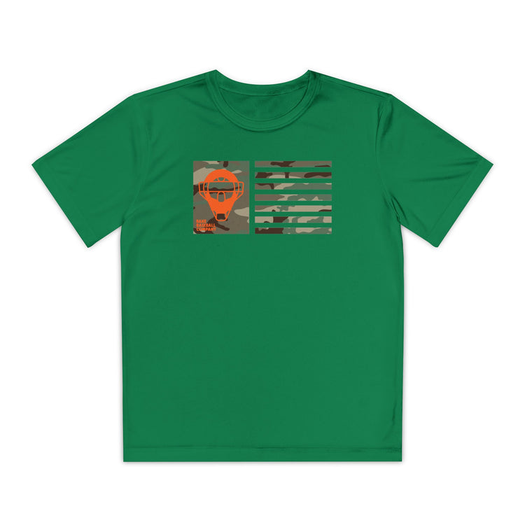 Kids Catcher's Orange Camo Mask Flag Dry Fit Tee - Rake Baseball Company - RAKE BASEBALL | BASEBALL T-SHIRT | BASEBALL CLOTHING | GOOD VIBES ONLY