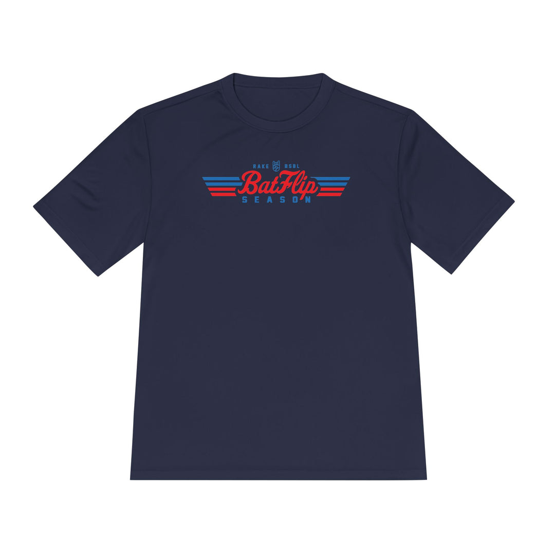 Bat Flip Season Dry Fit Tee - Rake Baseball Company - RAKE BASEBALL | BASEBALL T-SHIRT | BASEBALL CLOTHING | GOOD VIBES ONLY