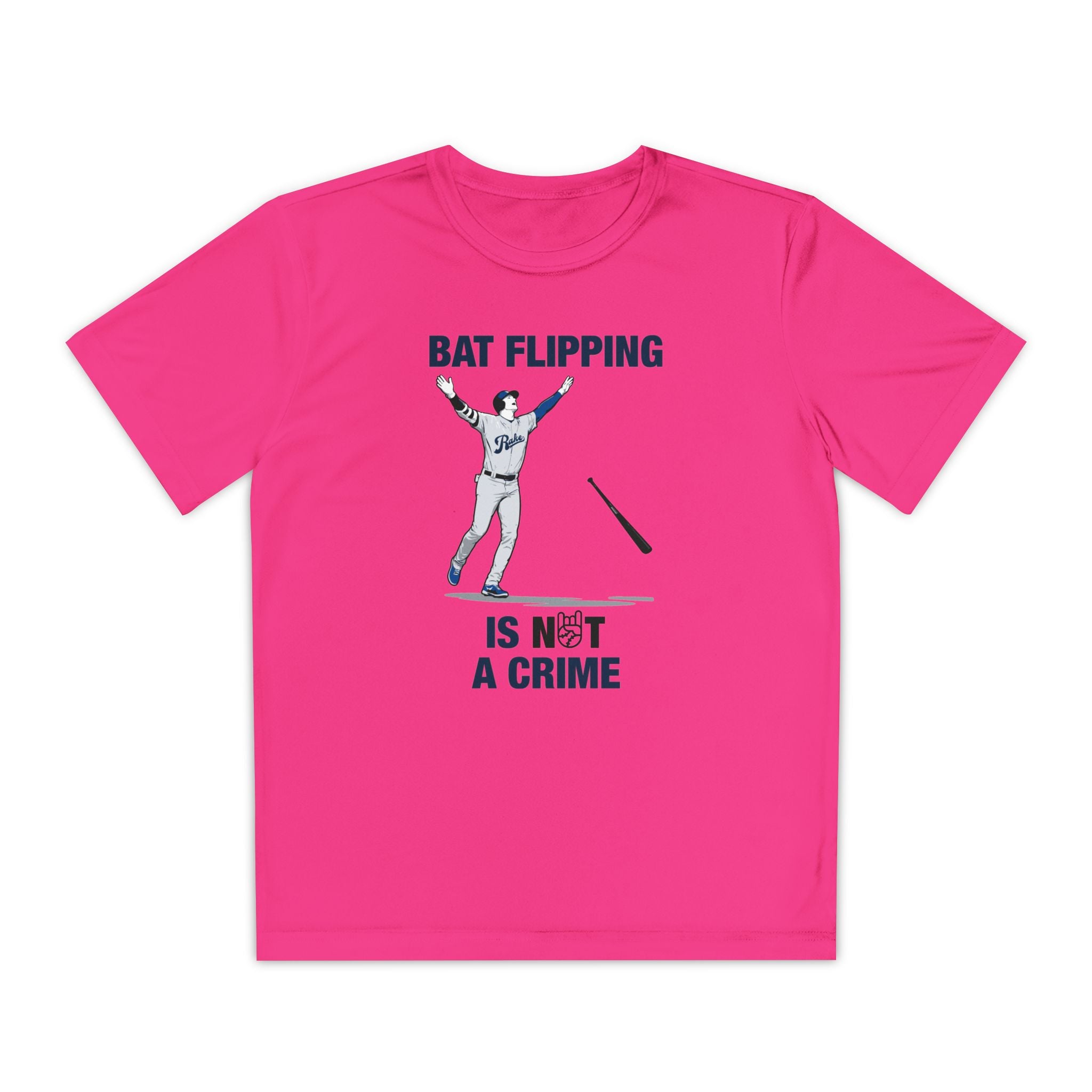 Kids Bat Flipping Is Not A Crime Dry Fit Tee - Rake Baseball Company - RAKE BASEBALL | BASEBALL T-SHIRT | BASEBALL CLOTHING | GOOD VIBES ONLY