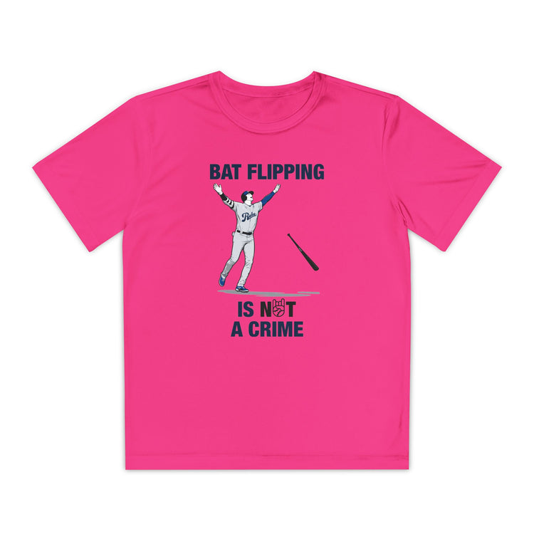 Kids Bat Flipping Is Not A Crime Dry Fit Tee - Rake Baseball Company - RAKE BASEBALL | BASEBALL T-SHIRT | BASEBALL CLOTHING | GOOD VIBES ONLY