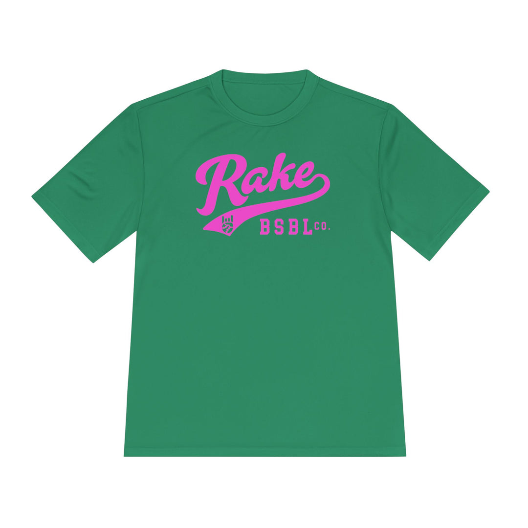 Rake Pink Script Dry Fit Tee - Rake Baseball Company - RAKE BASEBALL | BASEBALL T-SHIRT | BASEBALL CLOTHING | GOOD VIBES ONLY