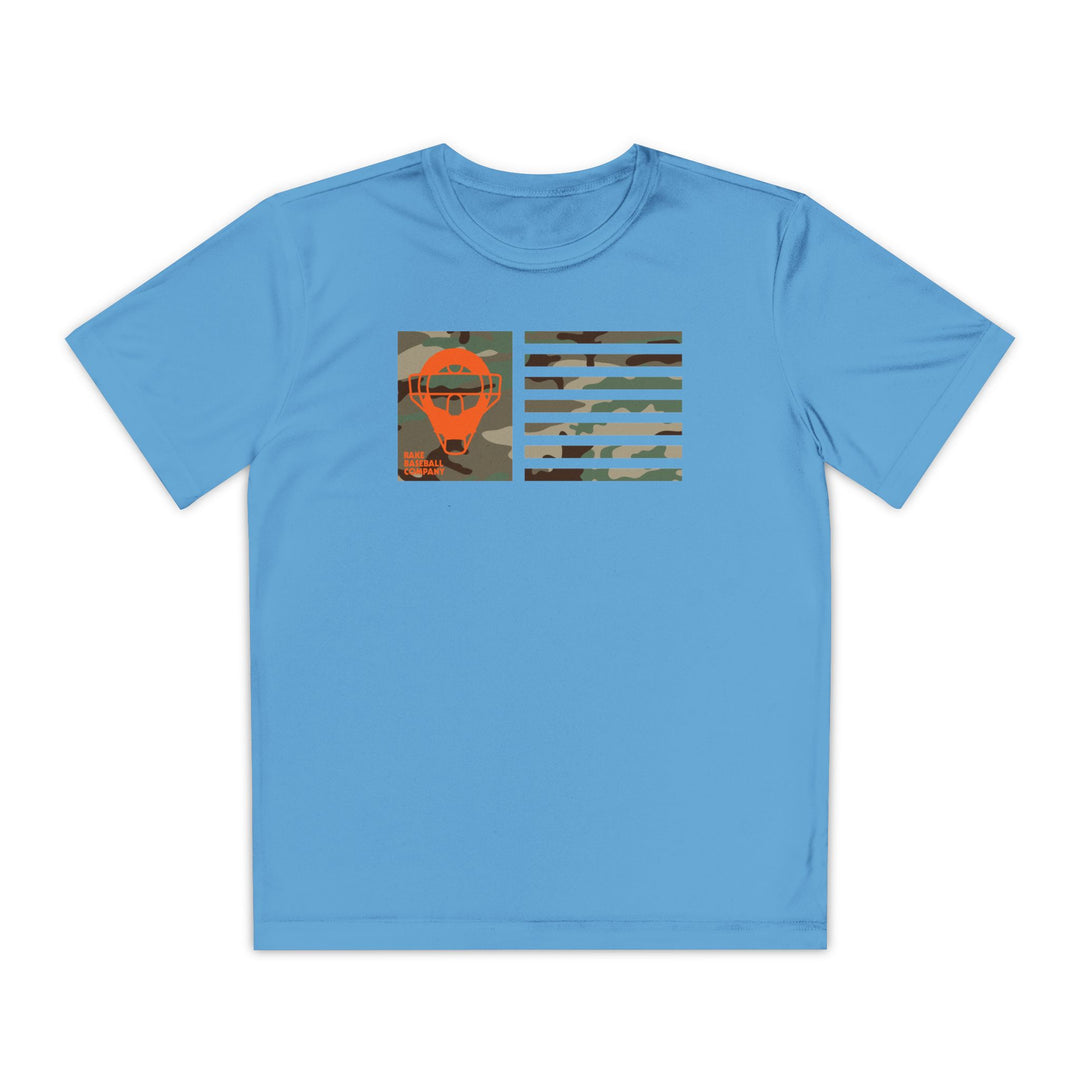 Kids Catcher's Orange Camo Mask Flag Dry Fit Tee - Rake Baseball Company - RAKE BASEBALL | BASEBALL T-SHIRT | BASEBALL CLOTHING | GOOD VIBES ONLY