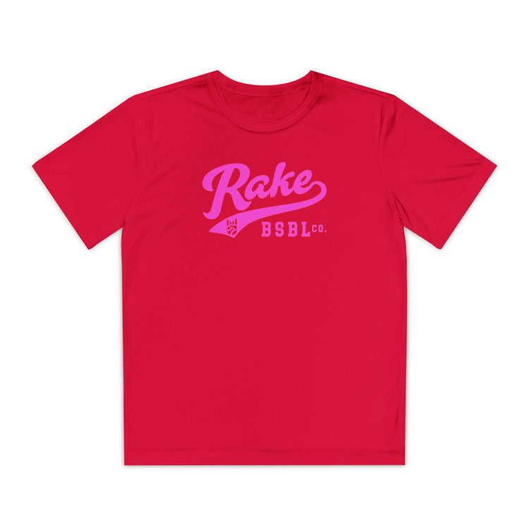 Kids Rake Pink Script Dry Fit Tee - Rake Baseball Company - RAKE BASEBALL | BASEBALL T-SHIRT | BASEBALL CLOTHING | GOOD VIBES ONLY