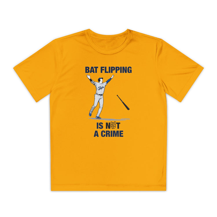 Kids Bat Flipping Is Not A Crime Dry Fit Tee - Rake Baseball Company - RAKE BASEBALL | BASEBALL T-SHIRT | BASEBALL CLOTHING | GOOD VIBES ONLY
