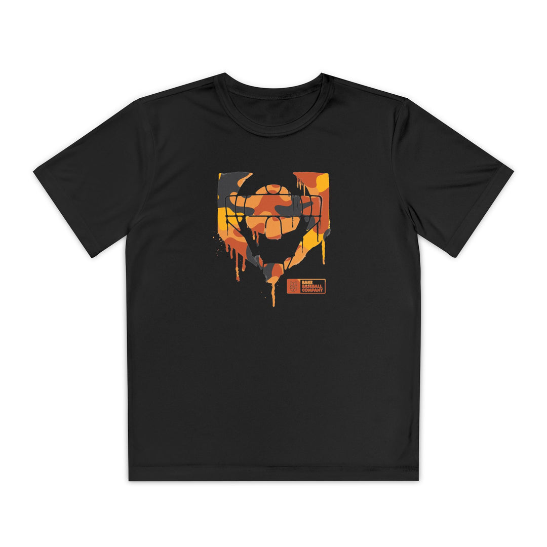 Kids Catcher's Drip Orange Camo Dry Fit Tee - Rake Baseball Company - RAKE BASEBALL | BASEBALL T-SHIRT | BASEBALL CLOTHING | GOOD VIBES ONLY
