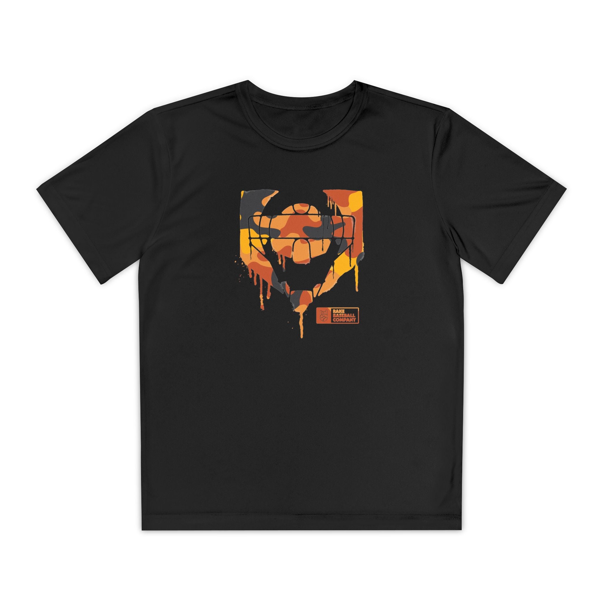 Kids Catcher's Drip Orange Camo Dry Fit Tee - Rake Baseball Company - RAKE BASEBALL | BASEBALL T-SHIRT | BASEBALL CLOTHING | GOOD VIBES ONLY