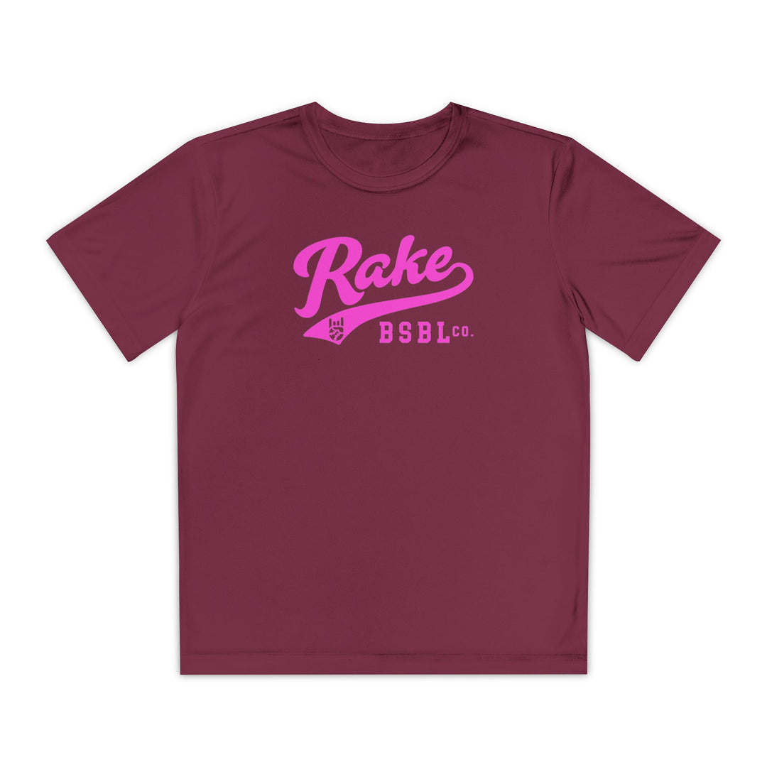Kids Rake Pink Script Dry Fit Tee - Rake Baseball Company - RAKE BASEBALL | BASEBALL T-SHIRT | BASEBALL CLOTHING | GOOD VIBES ONLY