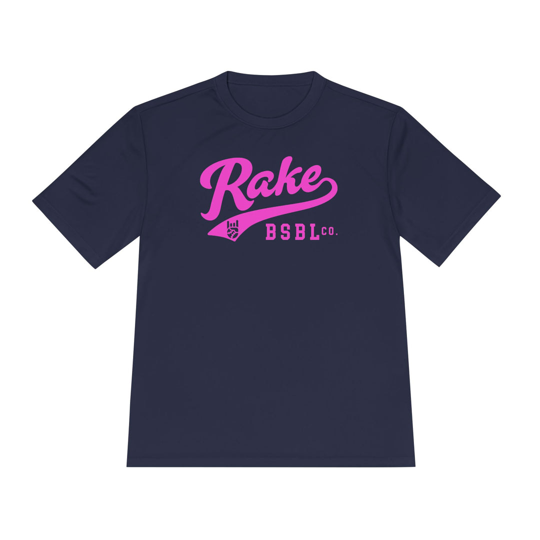 Rake Pink Script Dry Fit Tee - Rake Baseball Company - RAKE BASEBALL | BASEBALL T-SHIRT | BASEBALL CLOTHING | GOOD VIBES ONLY