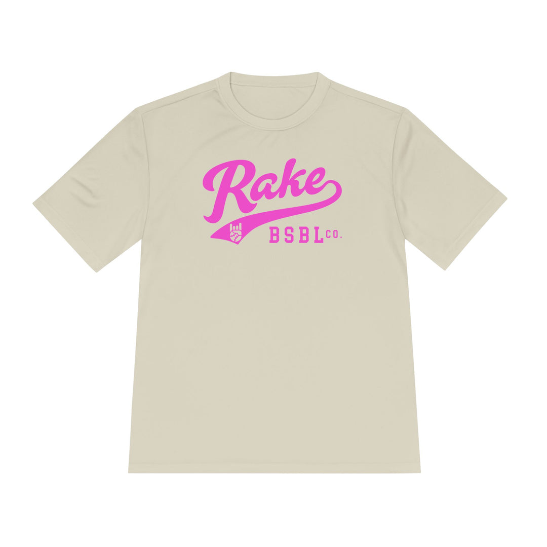 Rake Pink Script Dry Fit Tee - Rake Baseball Company - RAKE BASEBALL | BASEBALL T-SHIRT | BASEBALL CLOTHING | GOOD VIBES ONLY