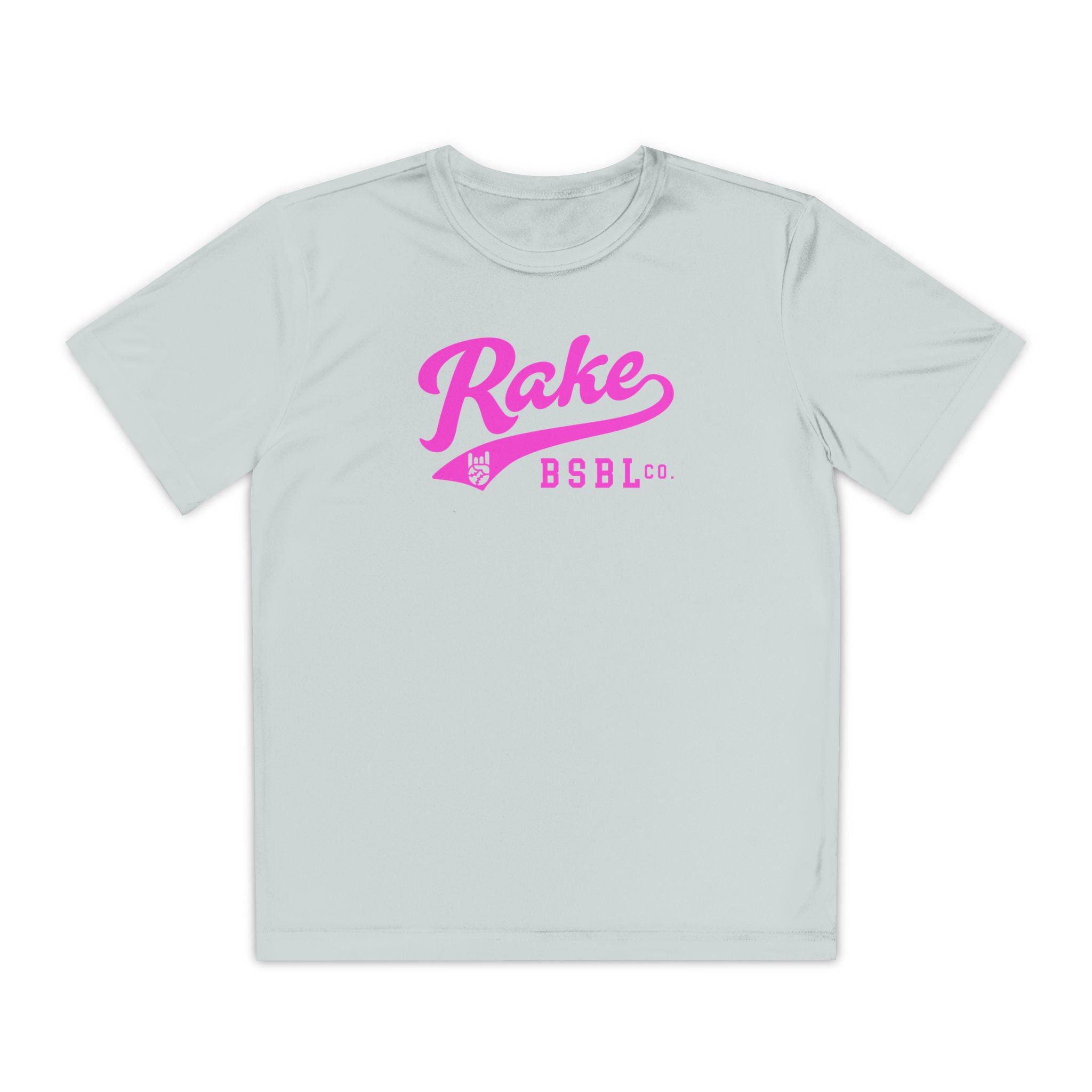 Kids Rake Pink Script Dry Fit Tee - Rake Baseball Company - RAKE BASEBALL | BASEBALL T-SHIRT | BASEBALL CLOTHING | GOOD VIBES ONLY