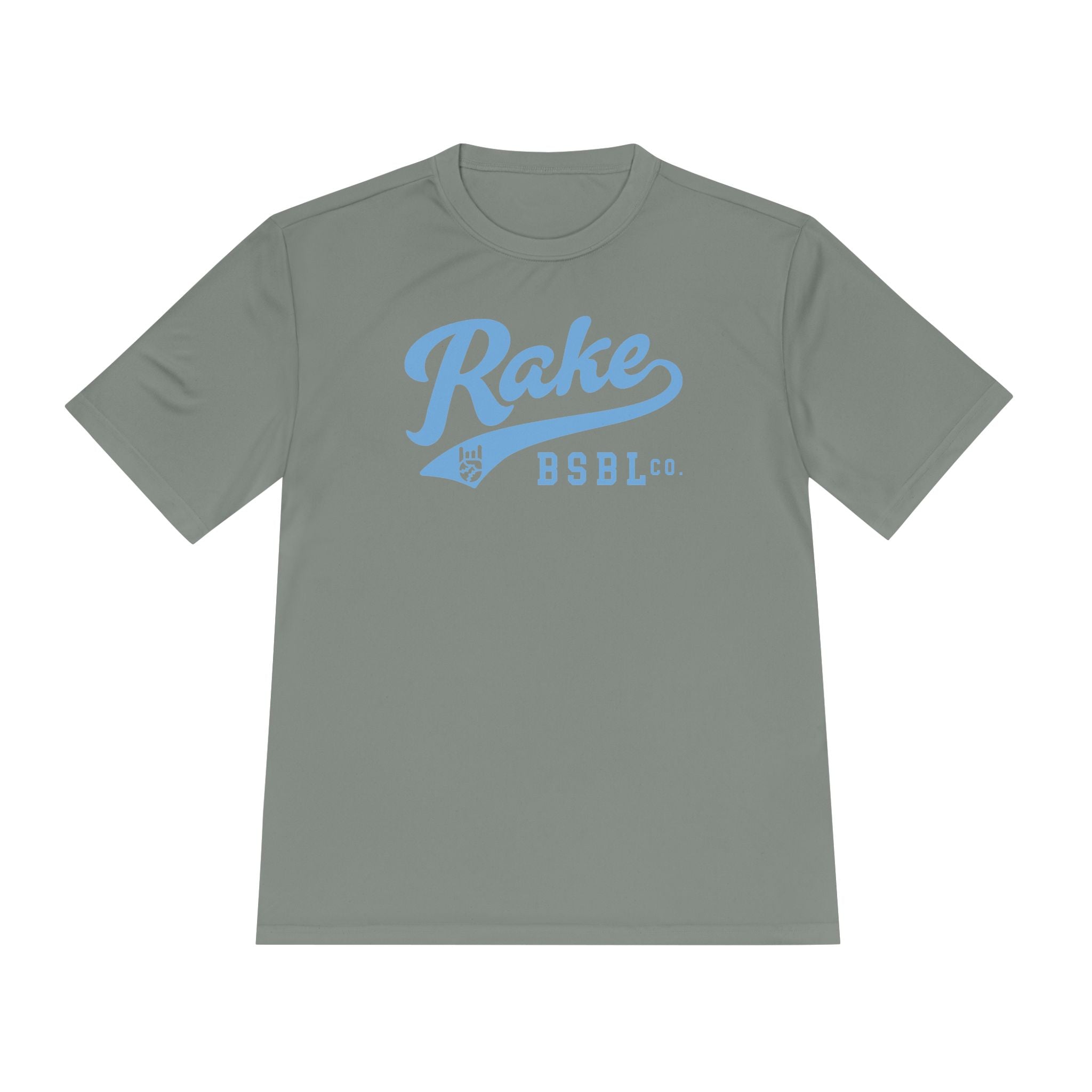 Rake Light Blue Script Dry Fit Tee - Rake Baseball Company - RAKE BASEBALL | BASEBALL T-SHIRT | BASEBALL CLOTHING | GOOD VIBES ONLY