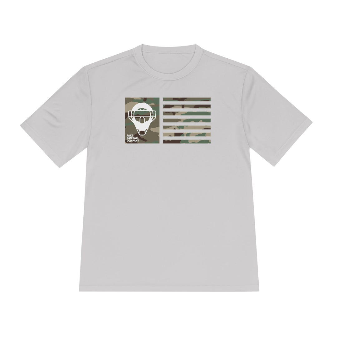 Camo Catcher's Mask Flag Dry Fit Tee - Rake Baseball Company - RAKE BASEBALL | BASEBALL T-SHIRT | BASEBALL CLOTHING | GOOD VIBES ONLY