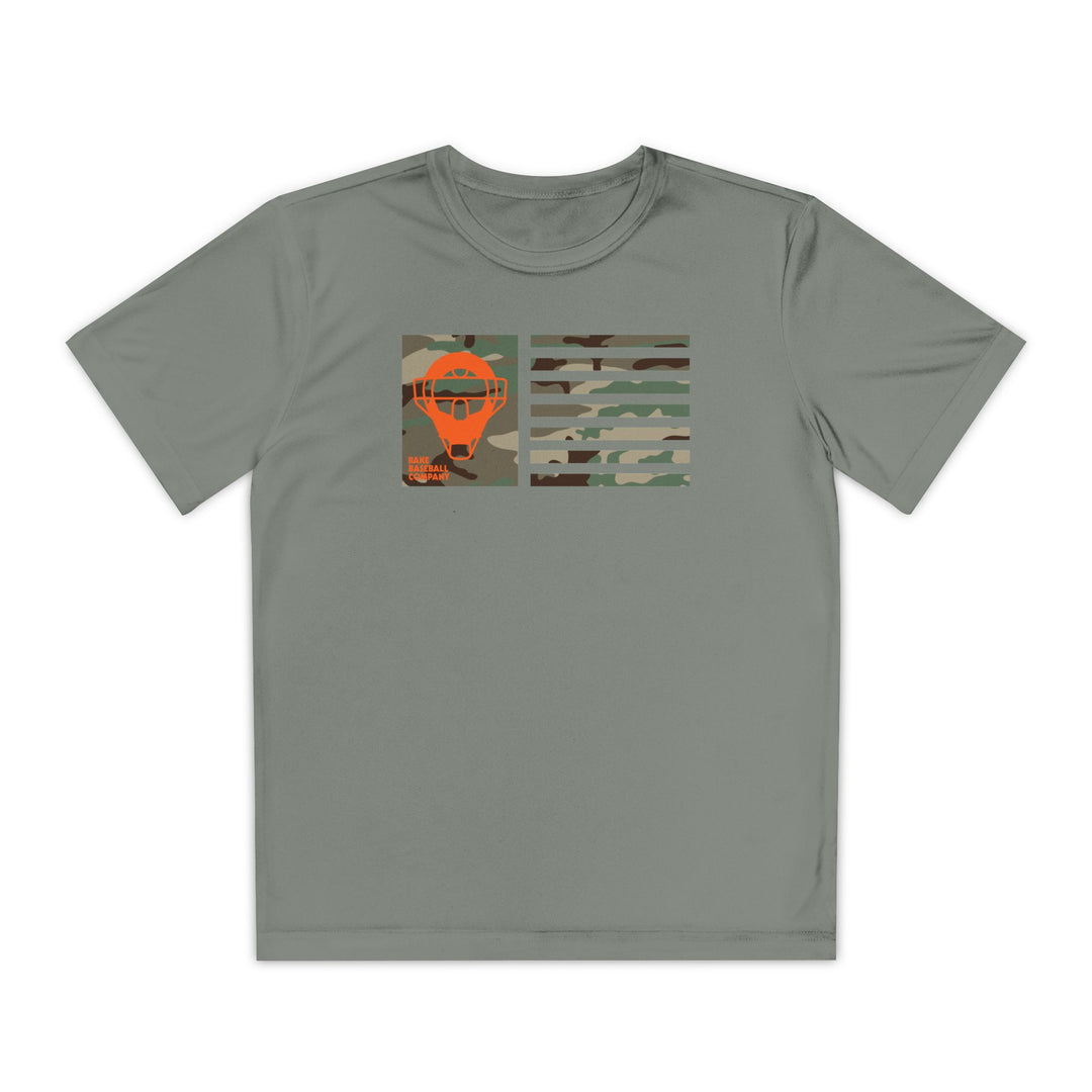 Kids Catcher's Orange Camo Mask Flag Dry Fit Tee - Rake Baseball Company - RAKE BASEBALL | BASEBALL T-SHIRT | BASEBALL CLOTHING | GOOD VIBES ONLY