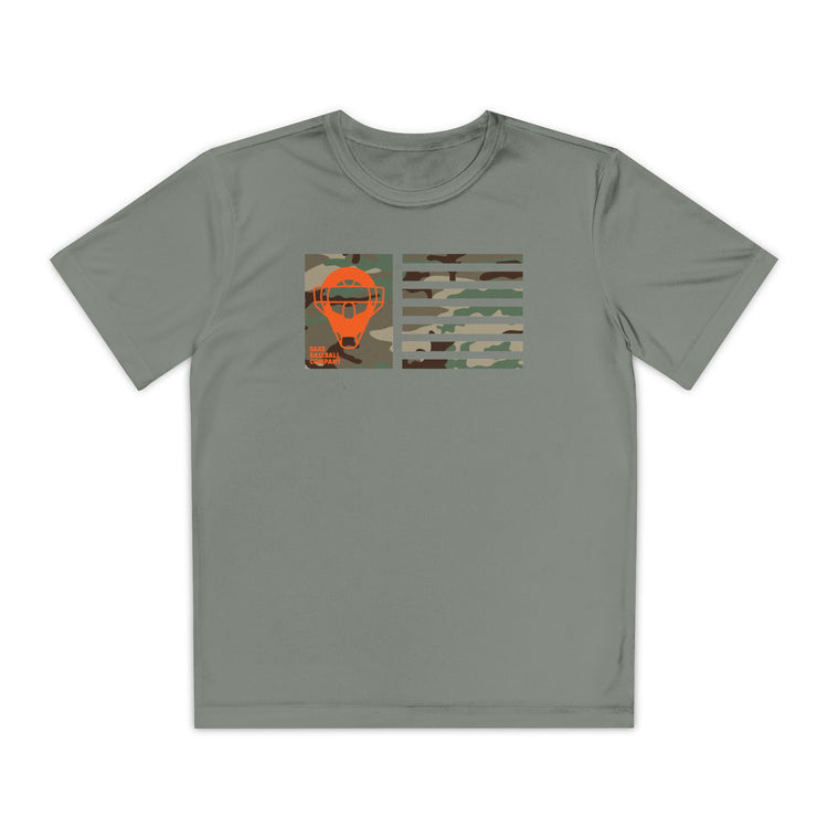 Kids Catcher's Orange Camo Mask Flag Dry Fit Tee - Rake Baseball Company - RAKE BASEBALL | BASEBALL T-SHIRT | BASEBALL CLOTHING | GOOD VIBES ONLY