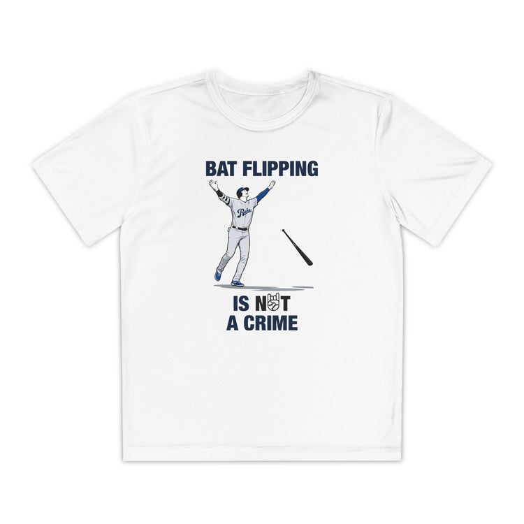 Kids Bat Flipping Is Not A Crime Dry Fit Tee - Rake Baseball Company - RAKE BASEBALL | BASEBALL T-SHIRT | BASEBALL CLOTHING | GOOD VIBES ONLY
