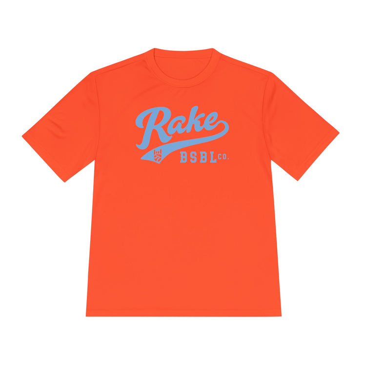 Rake Light Blue Script Dry Fit Tee - Rake Baseball Company - RAKE BASEBALL | BASEBALL T-SHIRT | BASEBALL CLOTHING | GOOD VIBES ONLY