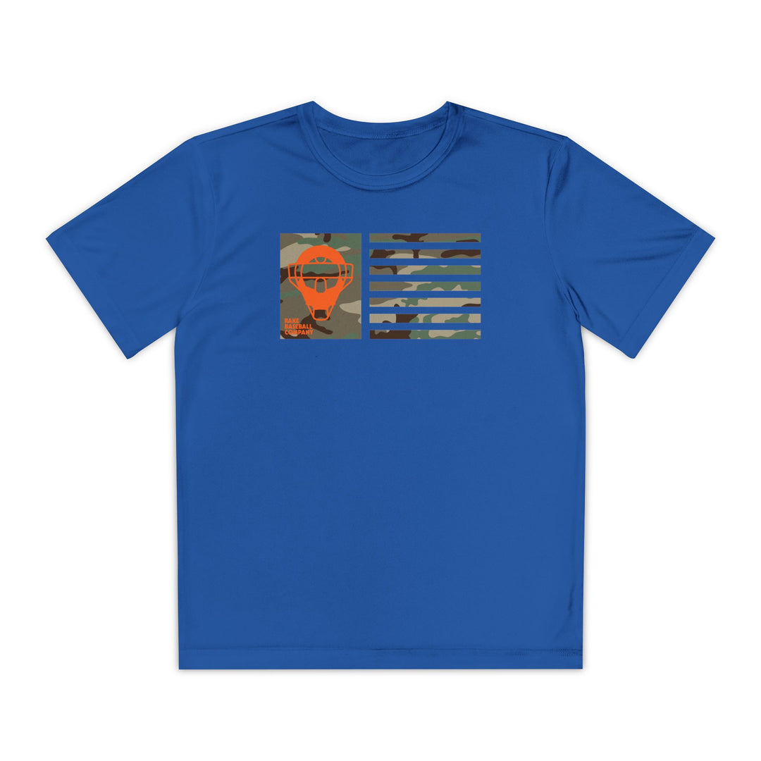 Kids Catcher's Orange Camo Mask Flag Dry Fit Tee - Rake Baseball Company - RAKE BASEBALL | BASEBALL T-SHIRT | BASEBALL CLOTHING | GOOD VIBES ONLY