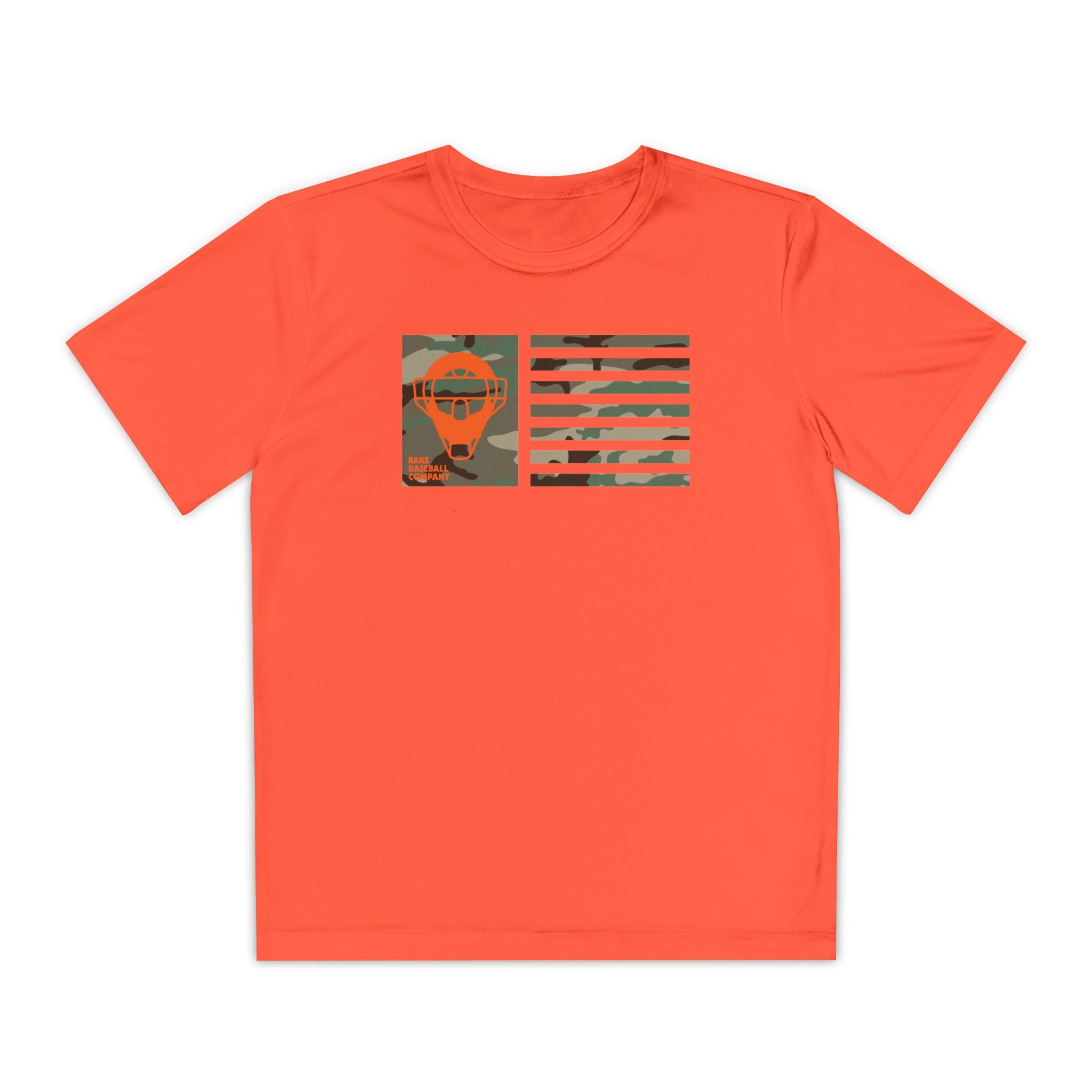 Kids Catcher's Orange Camo Mask Flag Dry Fit Tee - Rake Baseball Company - RAKE BASEBALL | BASEBALL T-SHIRT | BASEBALL CLOTHING | GOOD VIBES ONLY